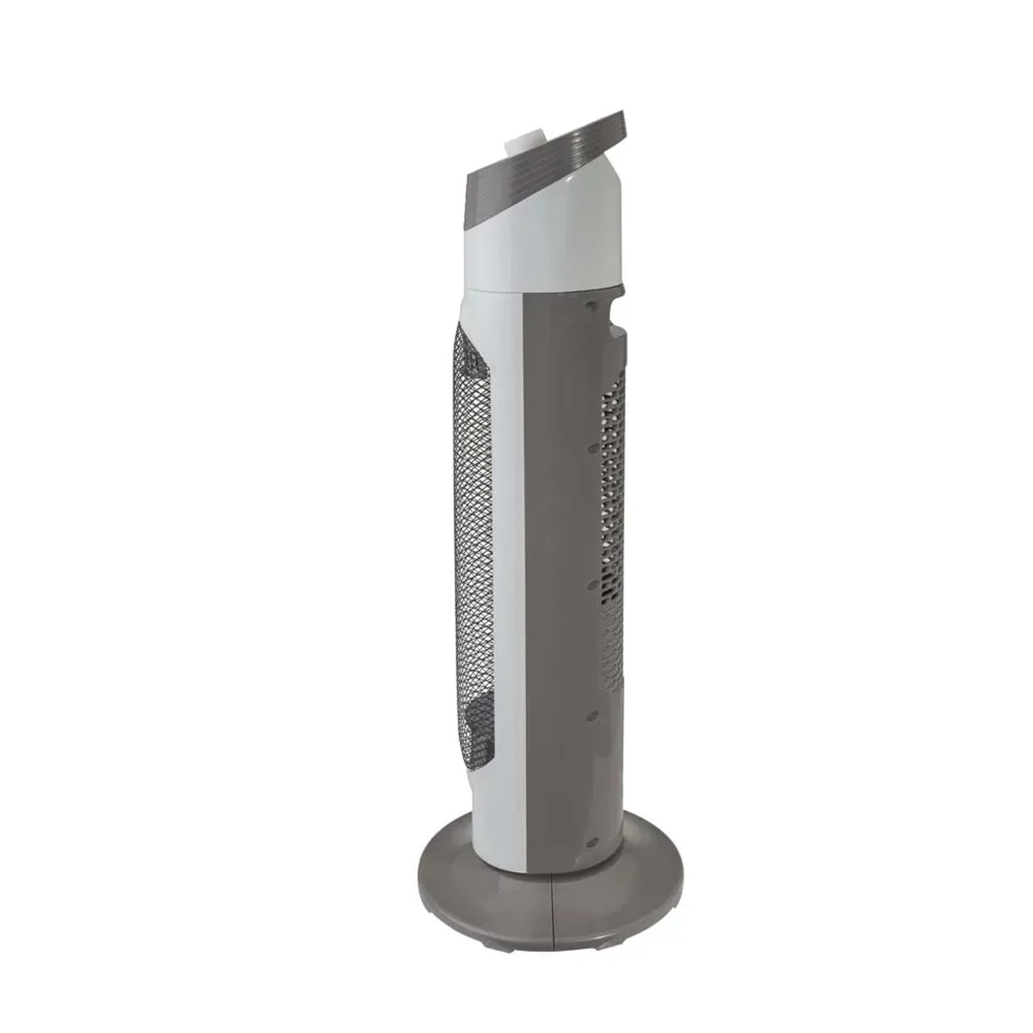 Termoventilatore elettrico t.b.t. grigio e bianco.