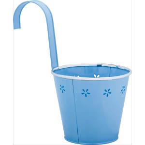Vaso da appendere blu in metallo con motivo floreale per balcone e terrazza.