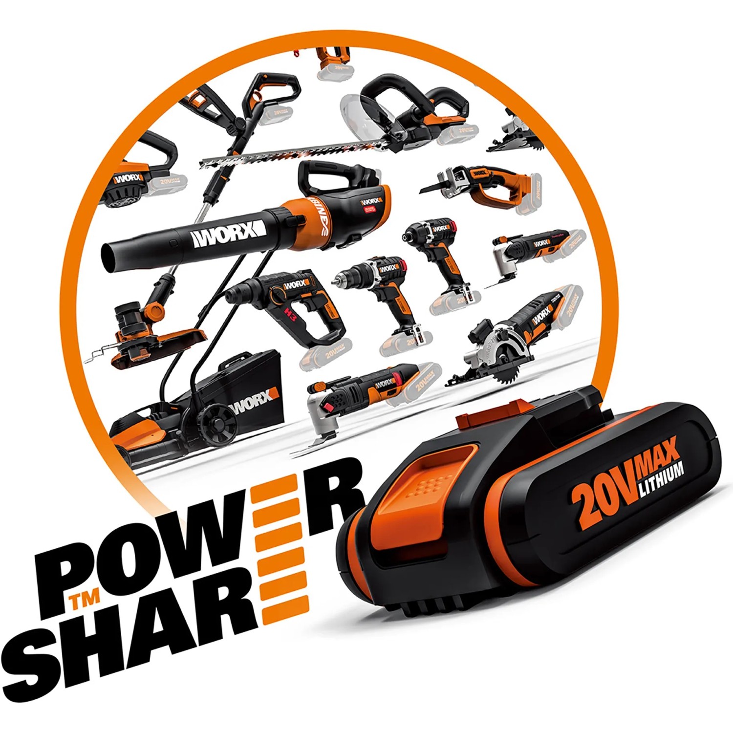 Batteria Worx 20V e vari utensili Worx sullo sfondo.