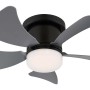 Ventilatore da soffitto nero con pale grigie e luce LED integrata.