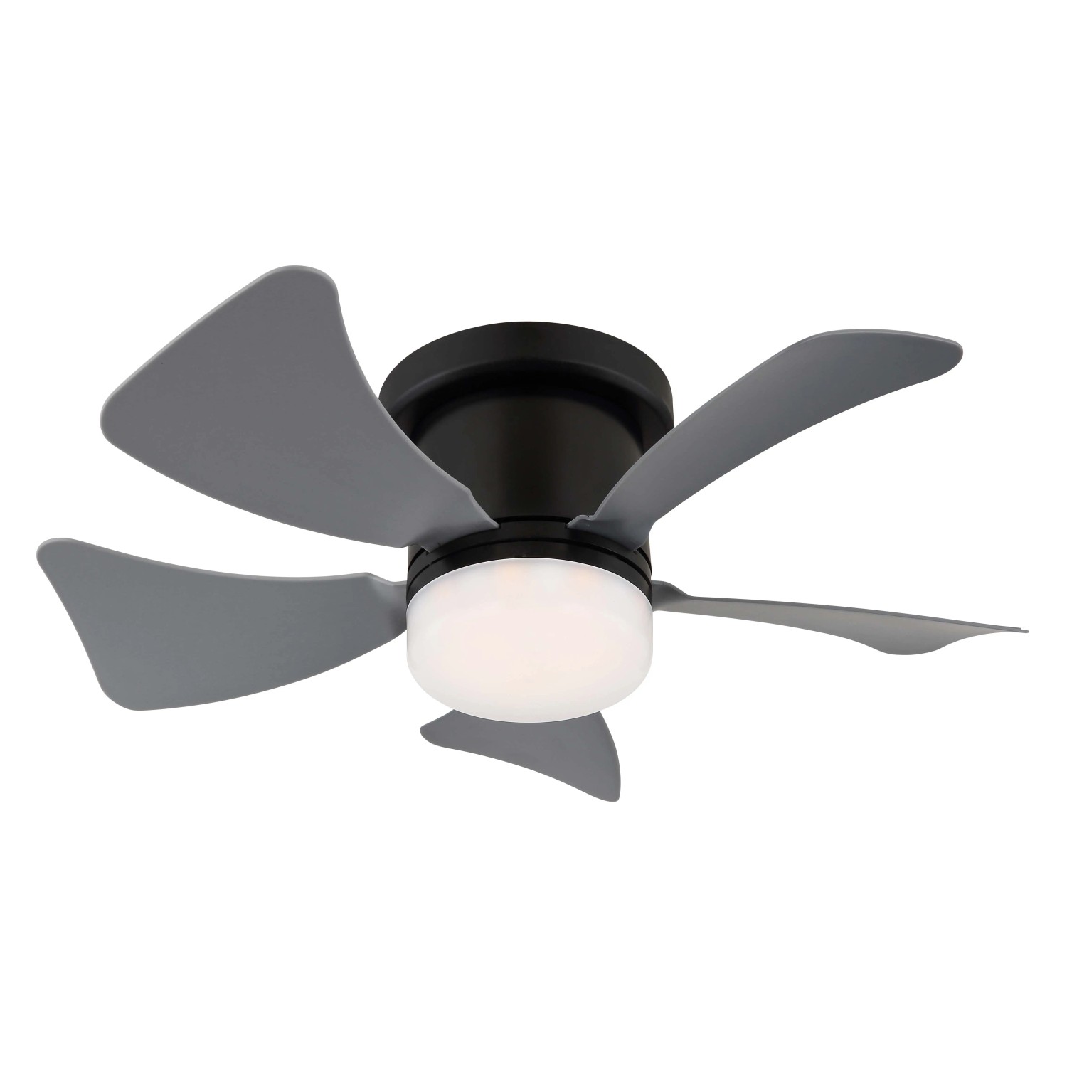 Ventilatore da soffitto nero con pale grigie e luce LED integrata.