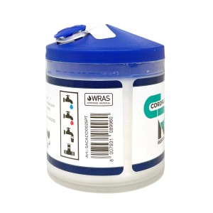 Sigillante t.b.t. per raccordi, coperchio blu, barattolo bianco con etichetta.