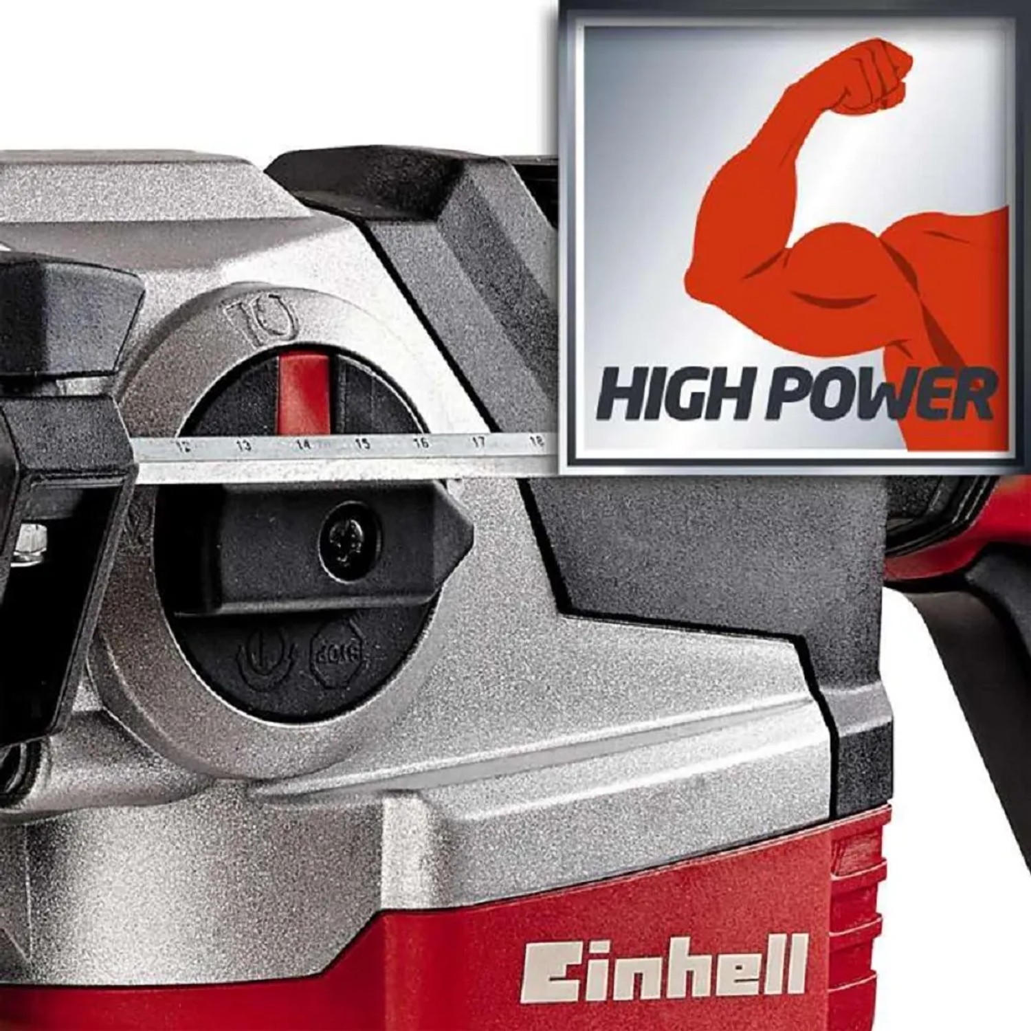 Dettaglio di un martello demolitore Einhell con logo "High Power".