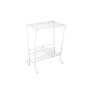 Scaffale da cucina bianco in stile vintage con ripiano e porta riviste.