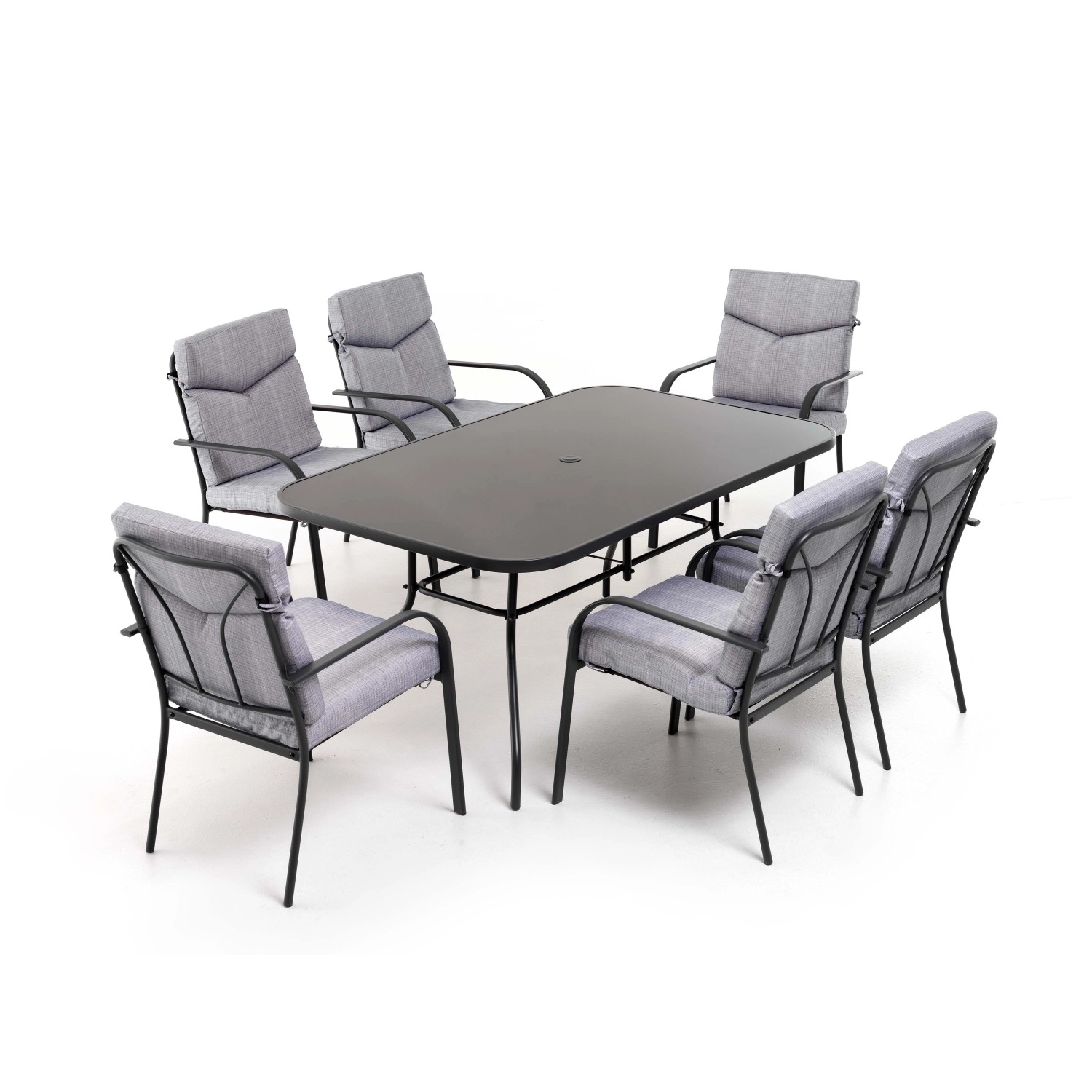 Set di mobili da giardino grigio con tavolo e 6 sedie per patio e giardino.