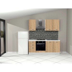 Cucina completa in legno decorato con frigorifero, piano cottura e cappa aspirante.