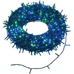Catena luminosa LED da esterno blu e verde, arrotolata.
