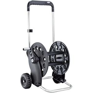 Carrello avvolgitubo nero t.b.t. con ruote e maniglia per un facile trasporto.