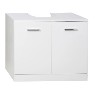 Mobile bagno sottolavabo bianco con due ante e maniglie cromate.