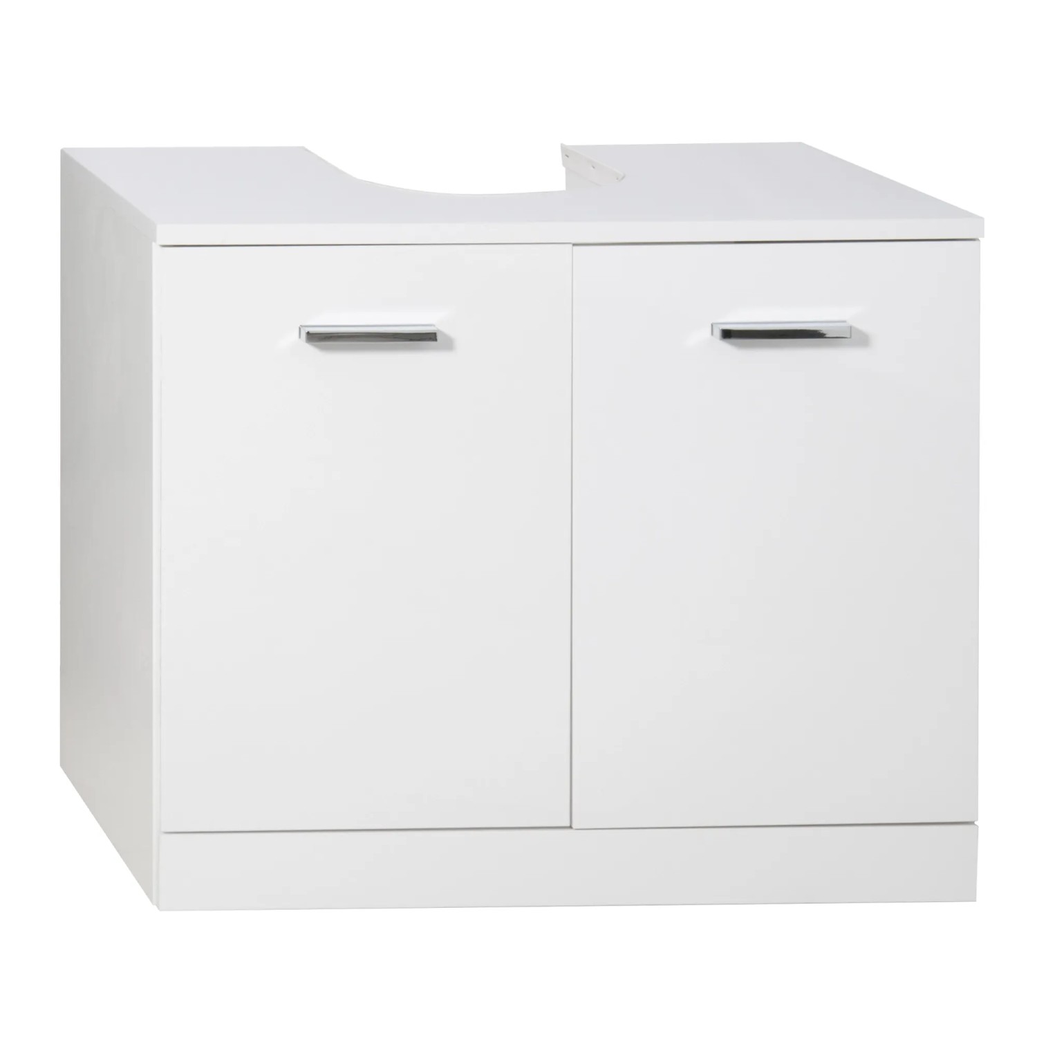 Mobile bagno sottolavabo bianco con due ante e maniglie cromate.