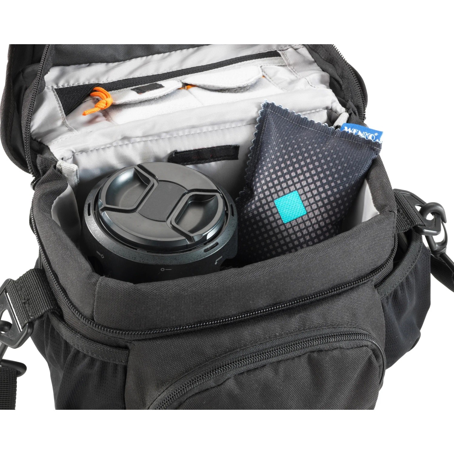 Borsa nera per fotocamera con obiettivo e assorbitore di umidità.