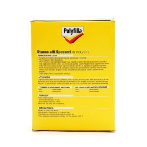 Confezione di Polvere e stucco per muro, scatola gialla con informazioni sul prodotto.