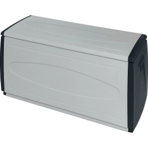 Box contenitore grigia per mobili da balcone, ideale per riporre cuscini e imbottiture al riparo dalle intemperie.