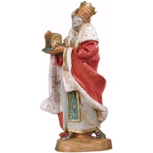 Statuina del re per presepe, parte della collezione Presepe, con scrigno dorato.