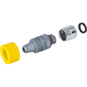 Parti di un connettore flessibile per tubi, tappo giallo, parte centrale grigia, dado cromato e anello di tenuta.