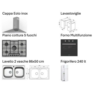 Immagine di una cucina completa con cappa aspirante, piano cottura, lavello, forno, lavastoviglie e frigorifero.