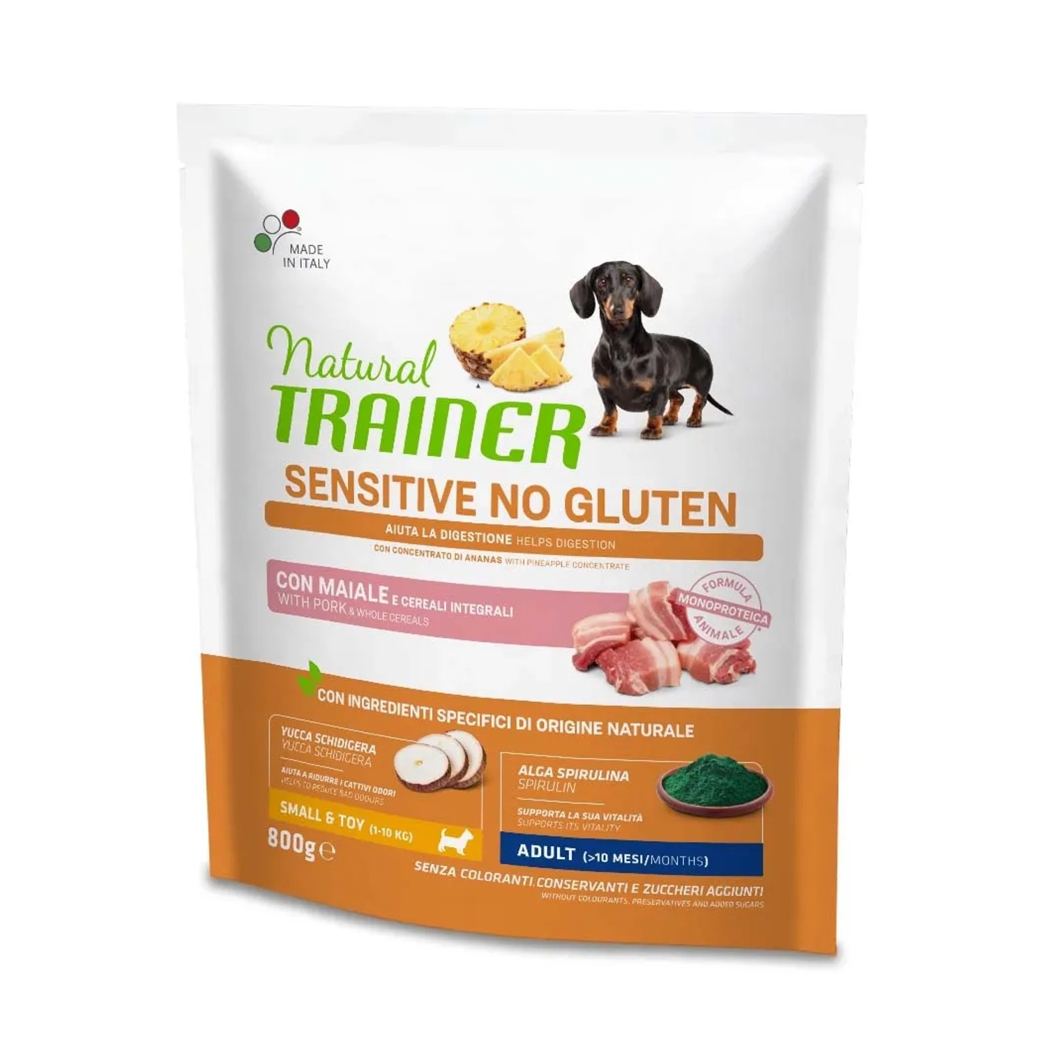 Natural Trainer Sensitive cibo secco per cani, senza glutine, con maiale e cereali.