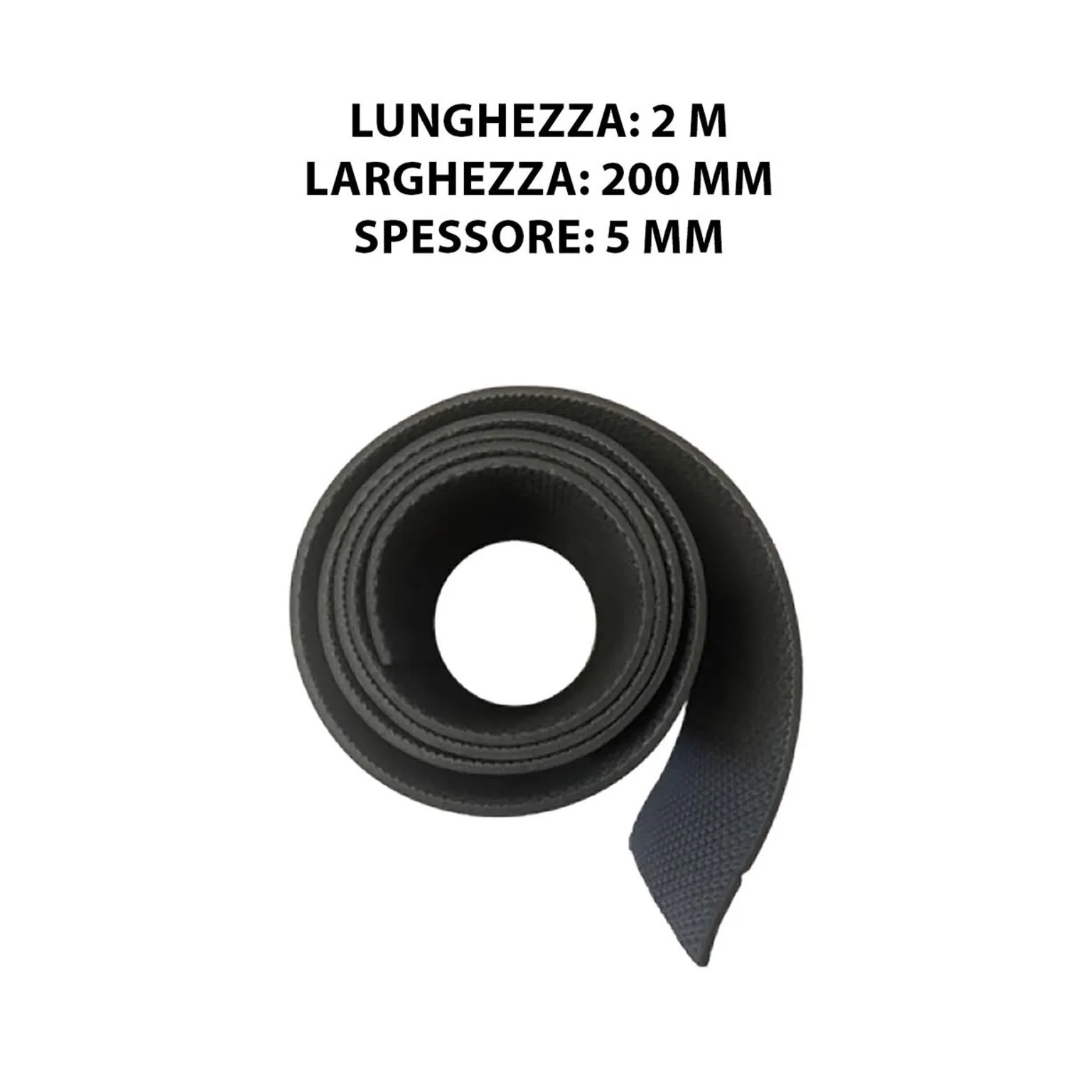 Fascia grigia arrotolata (lunga 2 m, larga 200 mm, spessa 5 mm) per accessori lavatrici.