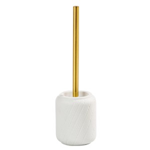 Set scopino WC bianco con manico dorato per bagni moderni.