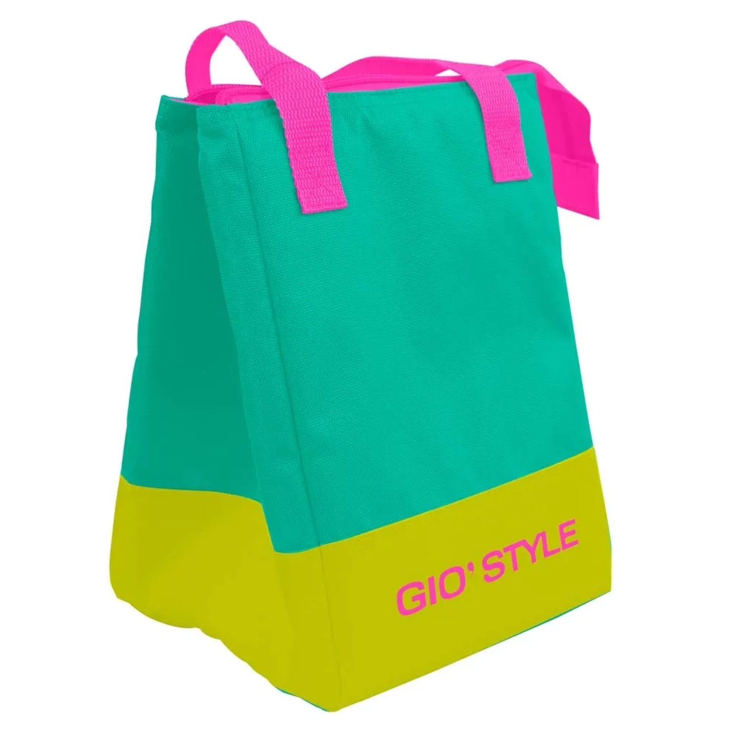 Borsa termica da campeggio t.b.t., turchese/gialla con manici rosa.