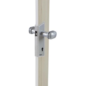 Dettaglio: Maniglia argentata su una porta a soffietto. Focus su design e meccanica.