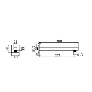 Disegno tecnico di un braccio doccia t.b.t. per soffione con dimensioni.