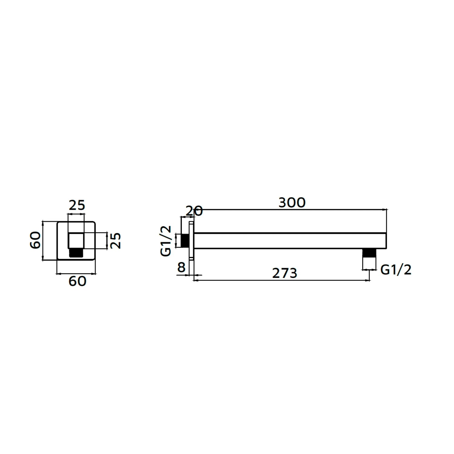 Disegno tecnico di un braccio doccia t.b.t. per soffione con dimensioni.