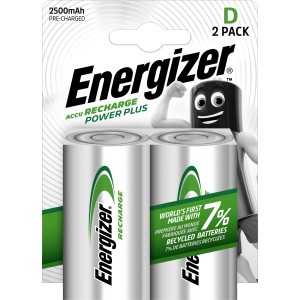 Energizer Power Plus D Mono, confezione da 2 batterie ricaricabili, 2500 mAh, per dispositivi standard.