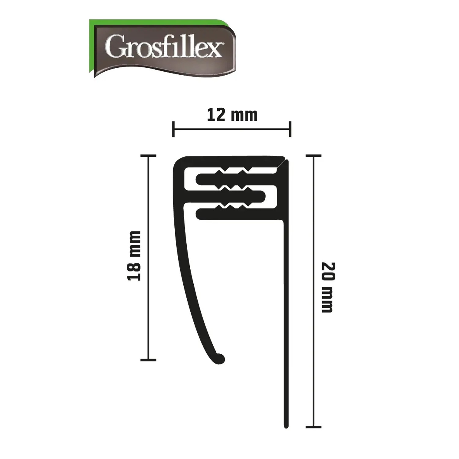 Profilo terminale Grosfillex, carbone, a clip, per pannelli 5-8 mm, sezione trasversale.