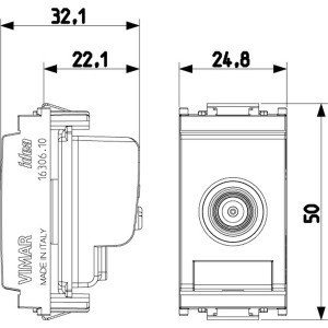 Disegno tecnico: t.b.t. interruttore/presa con dimensioni per l'installazione.