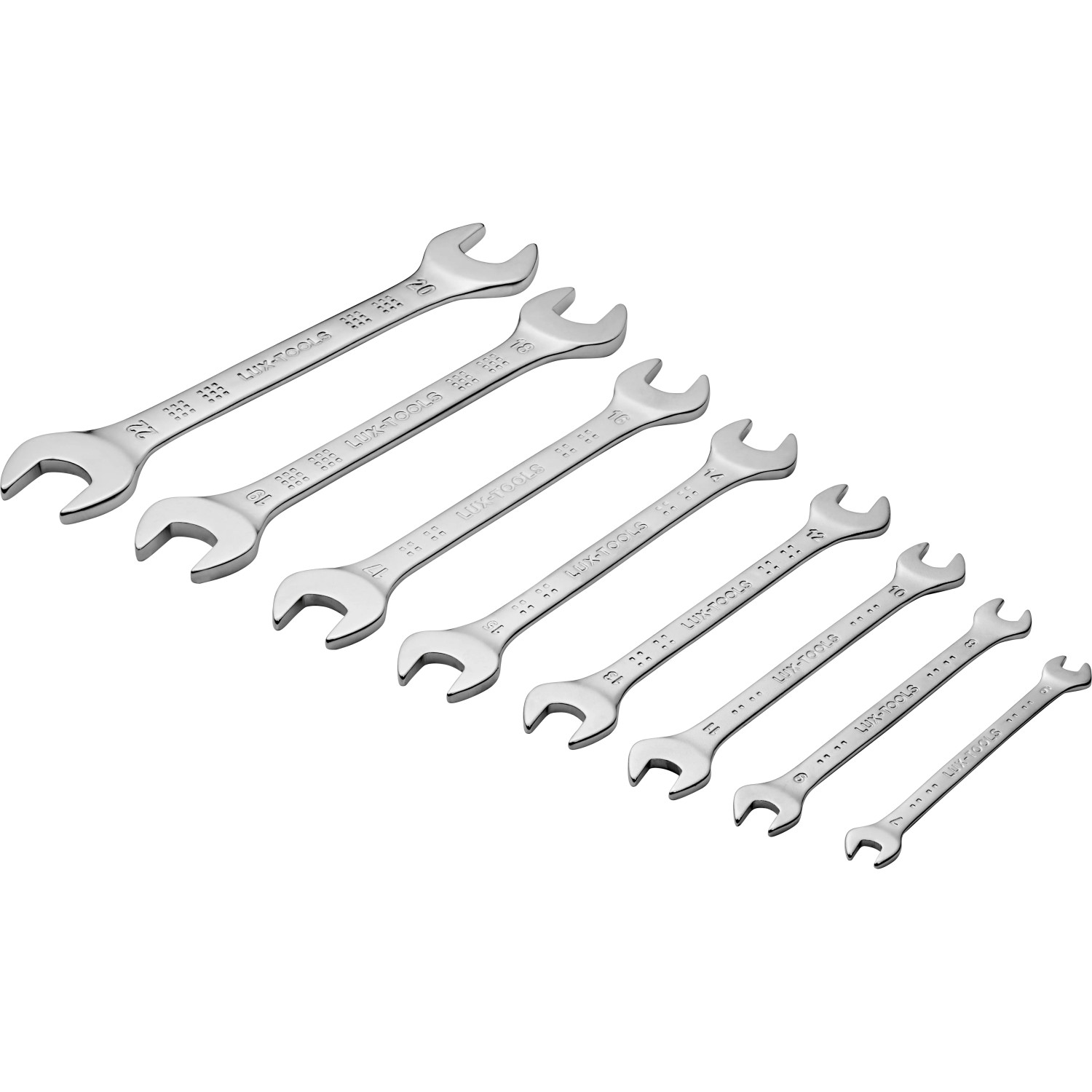 Set di chiavi fisse LUX Comfort da 8 pezzi (6-22 mm) in acciaio al cromo vanadio.