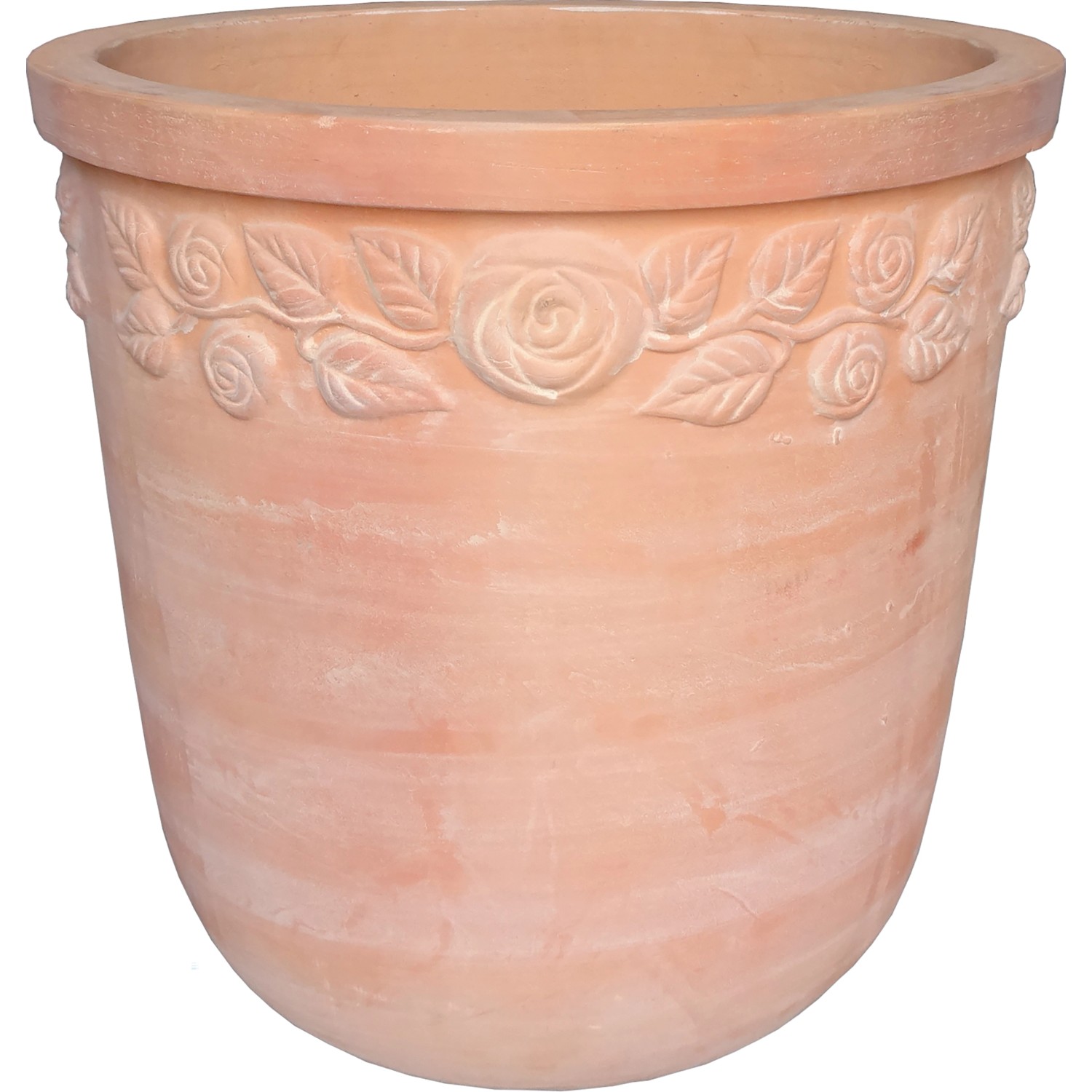 Vaso rotondo in terracotta (Ø 51cm) con decoro floreale per giardino e balcone.