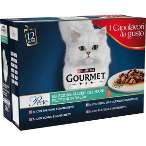 Purina Gourmet Perle cibo umido per gatti, 12 buste con pesce in salsa.