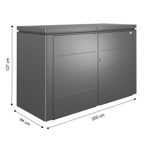 Biohort HighBoard 200 box da giardino, grigio scuro metallizzato, con ante a battente e dimensioni 127x200x84 cm.
