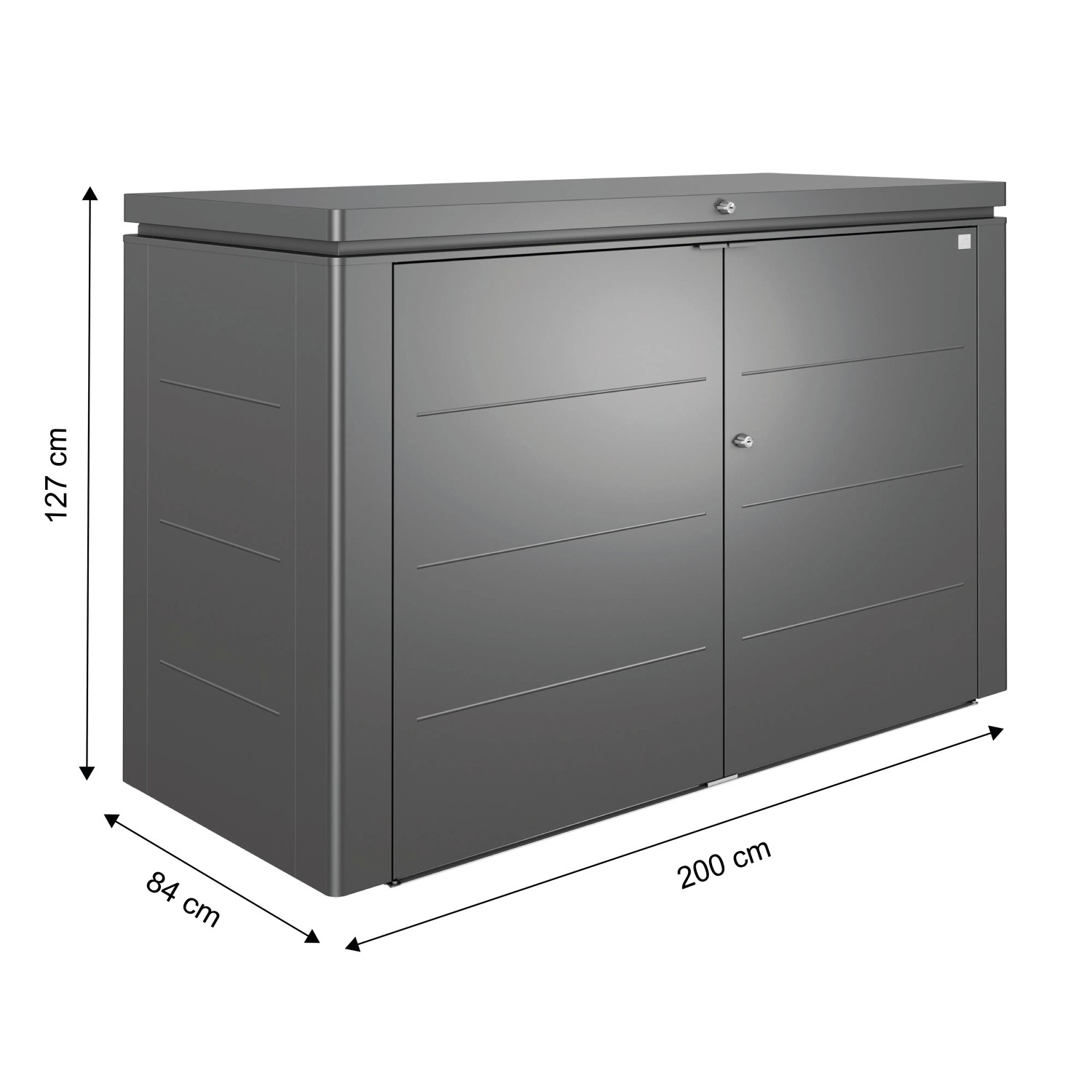 Biohort HighBoard 200 box da giardino, grigio scuro metallizzato, con ante a battente e dimensioni 127x200x84 cm.