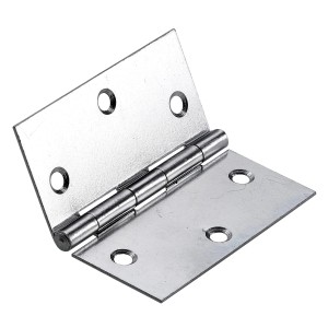 Cerniera per mobili in metallo aperta con fori di montaggio.