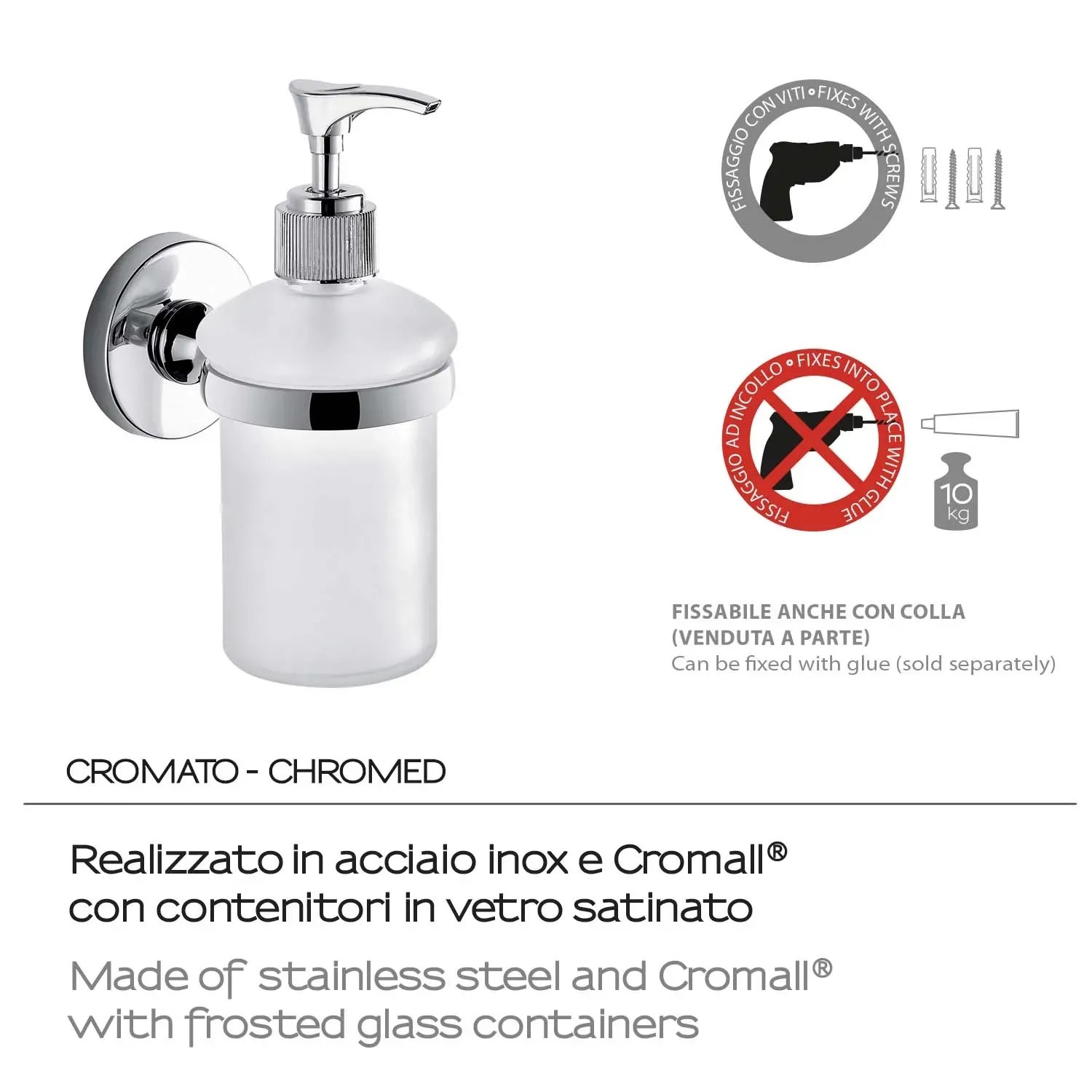 Dispenser sapone t.b.t. per doccia, cromo e vetro satinato.