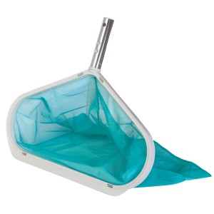 Gre retino di superficie in alluminio con rete blu per la pulizia della piscina.