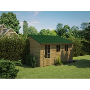 Casetta da giardino in legno con copertura bituminosa verde.