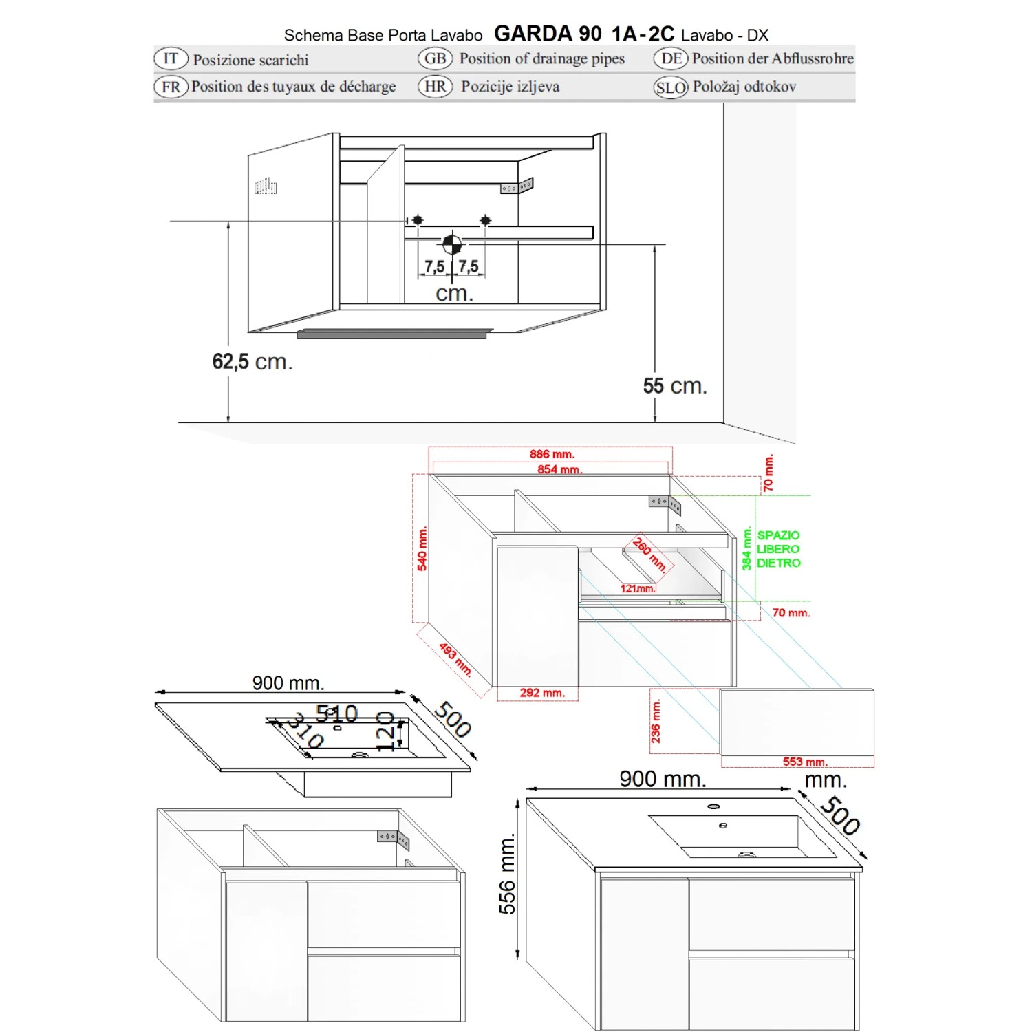 Disegno tecnico mobile bagno Garda 90. Dettagli su dimensioni e collegamenti.