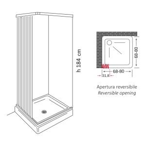Disegno tecnico di un box doccia con dimensioni e apertura reversibile.