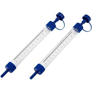 Due tubi di misurazione LUX Classic per livelle a tubo con estremità blu e scala.