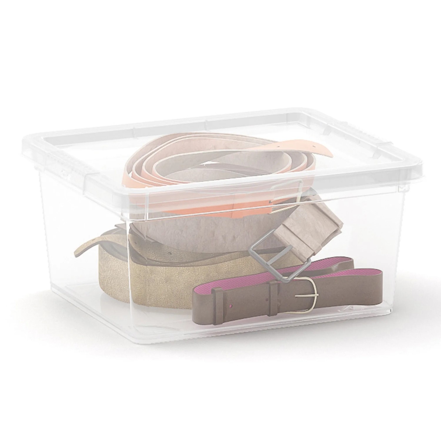 Box contenitore trasparente KIS C XXS con coperchio, piena di cinture. Pratica scatola.