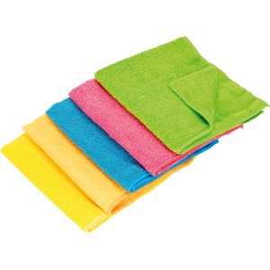 Set da 5 panni universali in microfibra nei colori giallo, arancione, blu, rosa e verde.