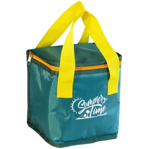 Borsa frigo verde con manici gialli e stampa "Summer Time" per campeggio e tempo libero.
