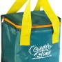 Borsa frigo verde con manici gialli e stampa "Summer Time" per campeggio e tempo libero.