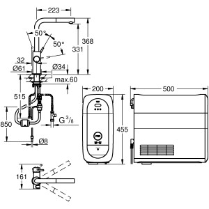 Disegno tecnico Grohe Blue Home Starter Kit con bocca a L, cromo, misure e dettagli.