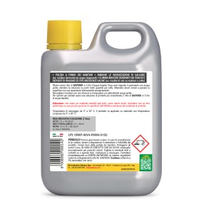 Detergente per pavimenti in piastrelle e pietra, tanica grigio chiaro con tappo giallo.