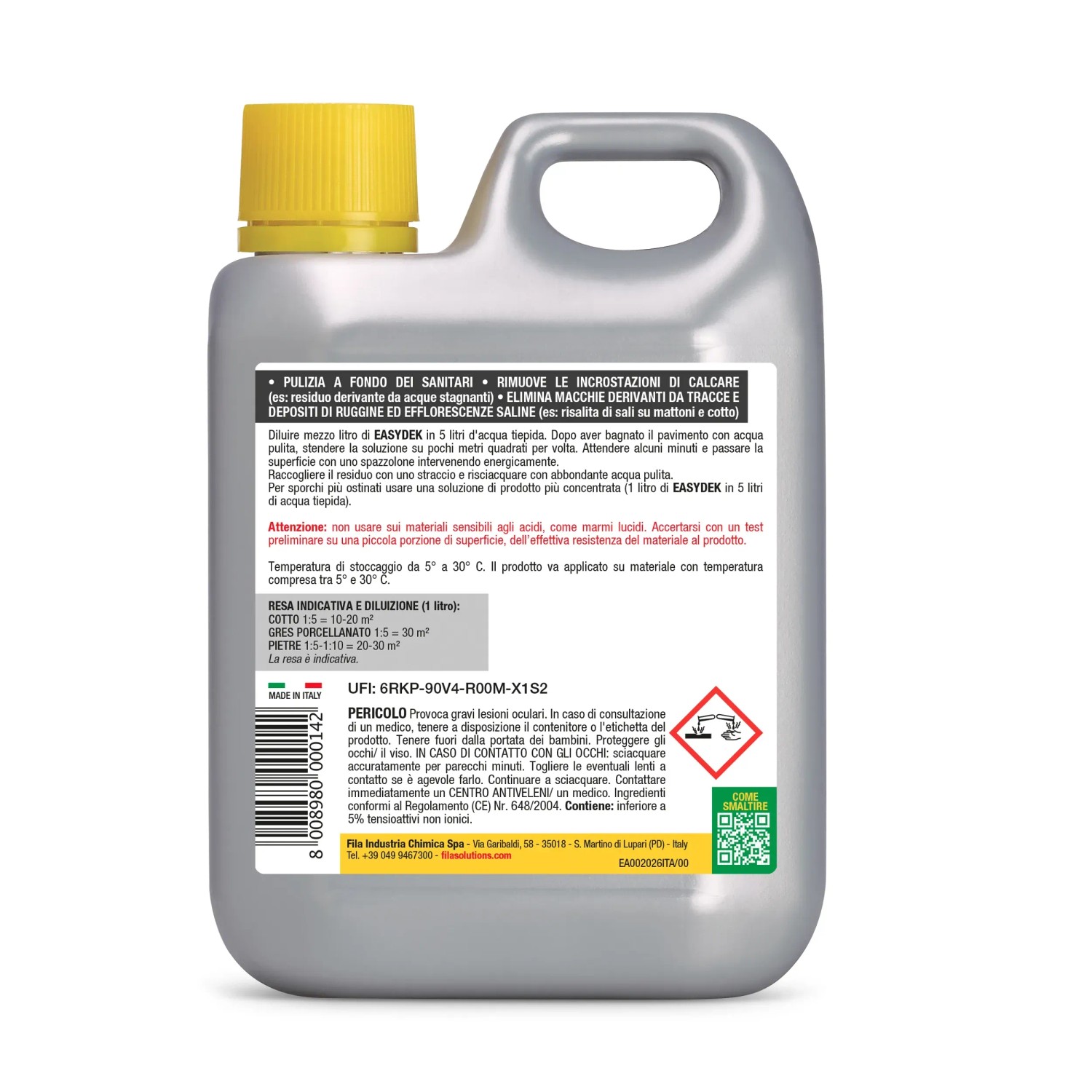 Detergente per pavimenti in piastrelle e pietra, tanica grigio chiaro con tappo giallo.