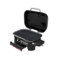 Weber Lumin Compact barbecue elettrico, nero, con coperchio aperto e griglia.